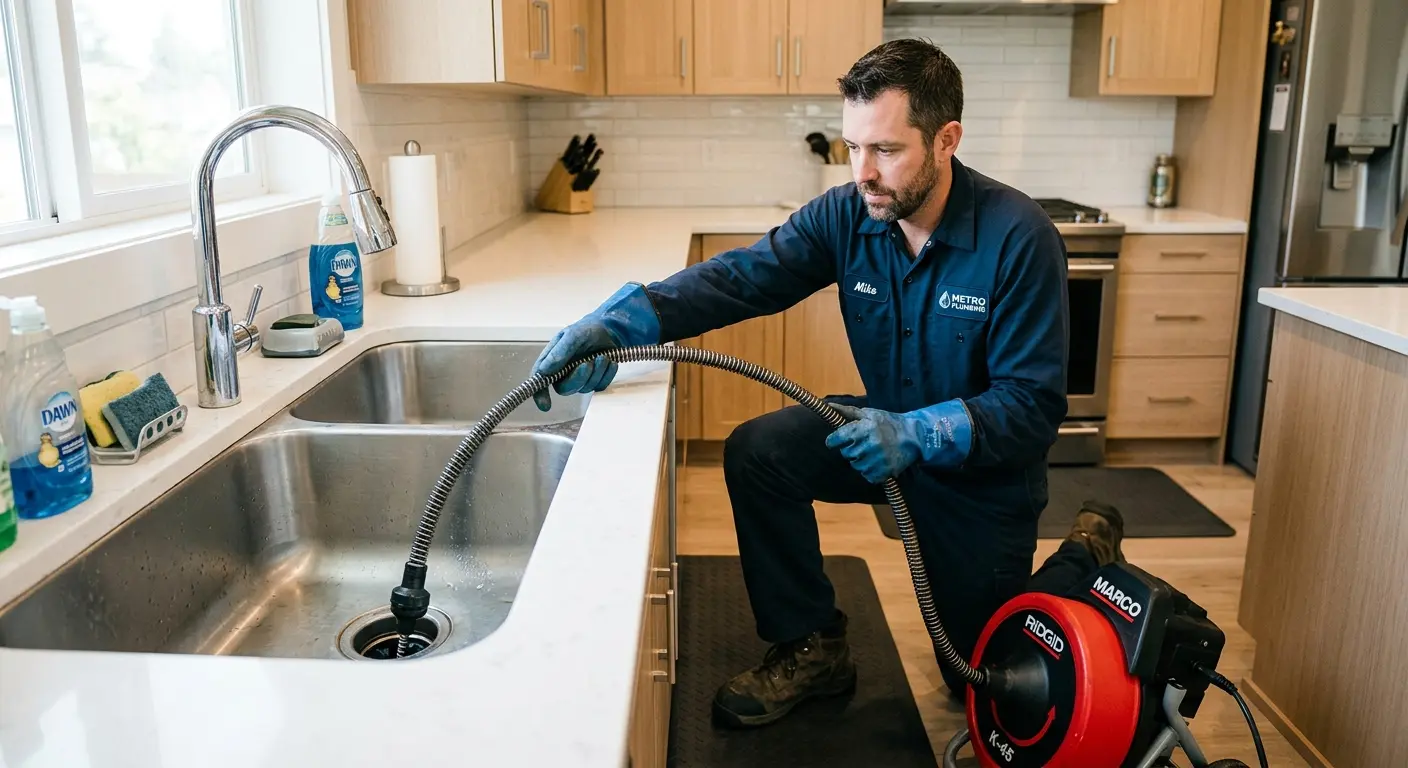 Drain cleaning technician using a motorized snake on a kitchen sink in Poquoson