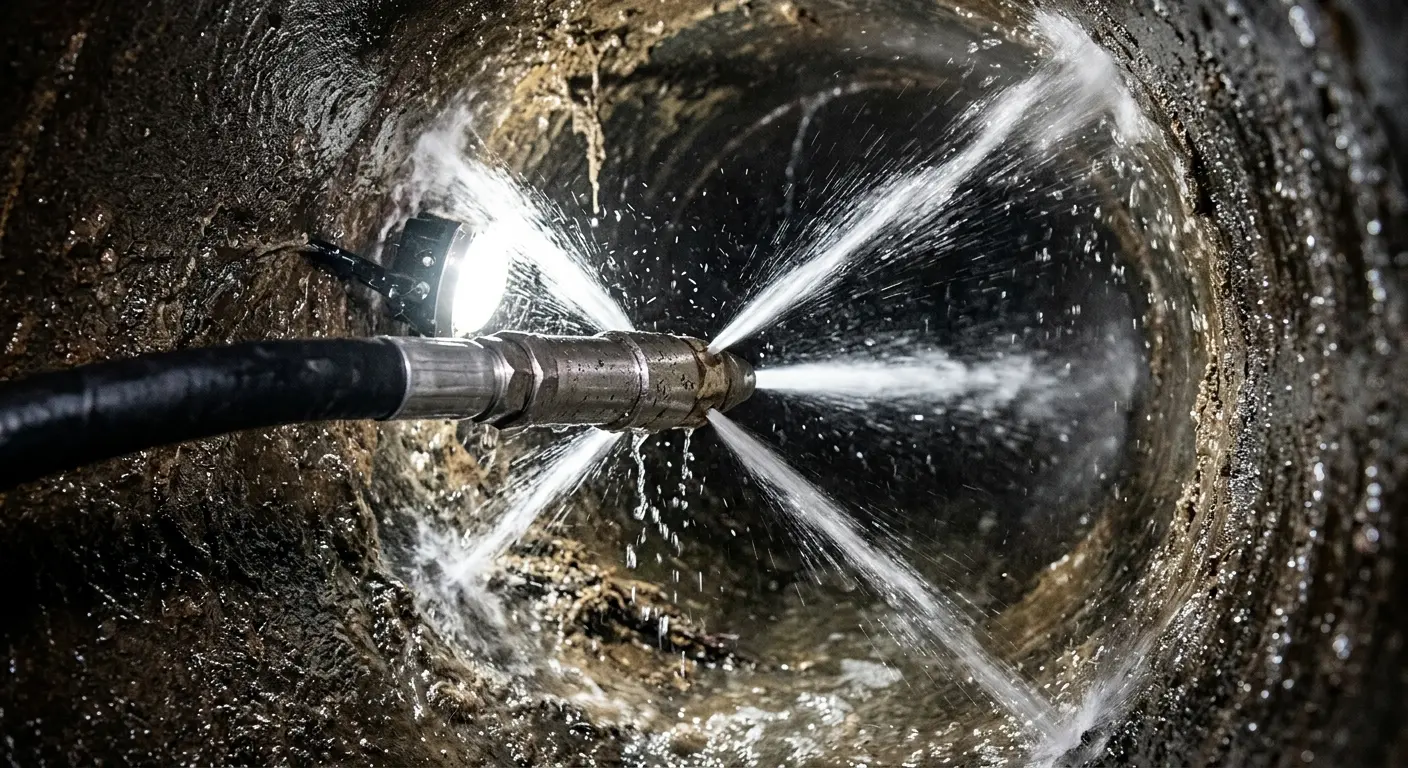 High-pressure hydro jetting nozzle cleaning sewer pipe for Emergency Drain Service in Poquoson