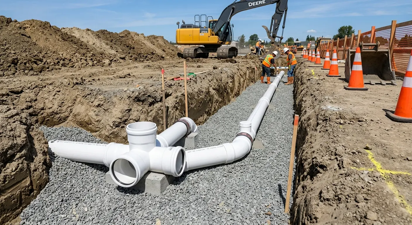 New PVC sewer pipe installation in open trench for Sewer Backup in Poquoson