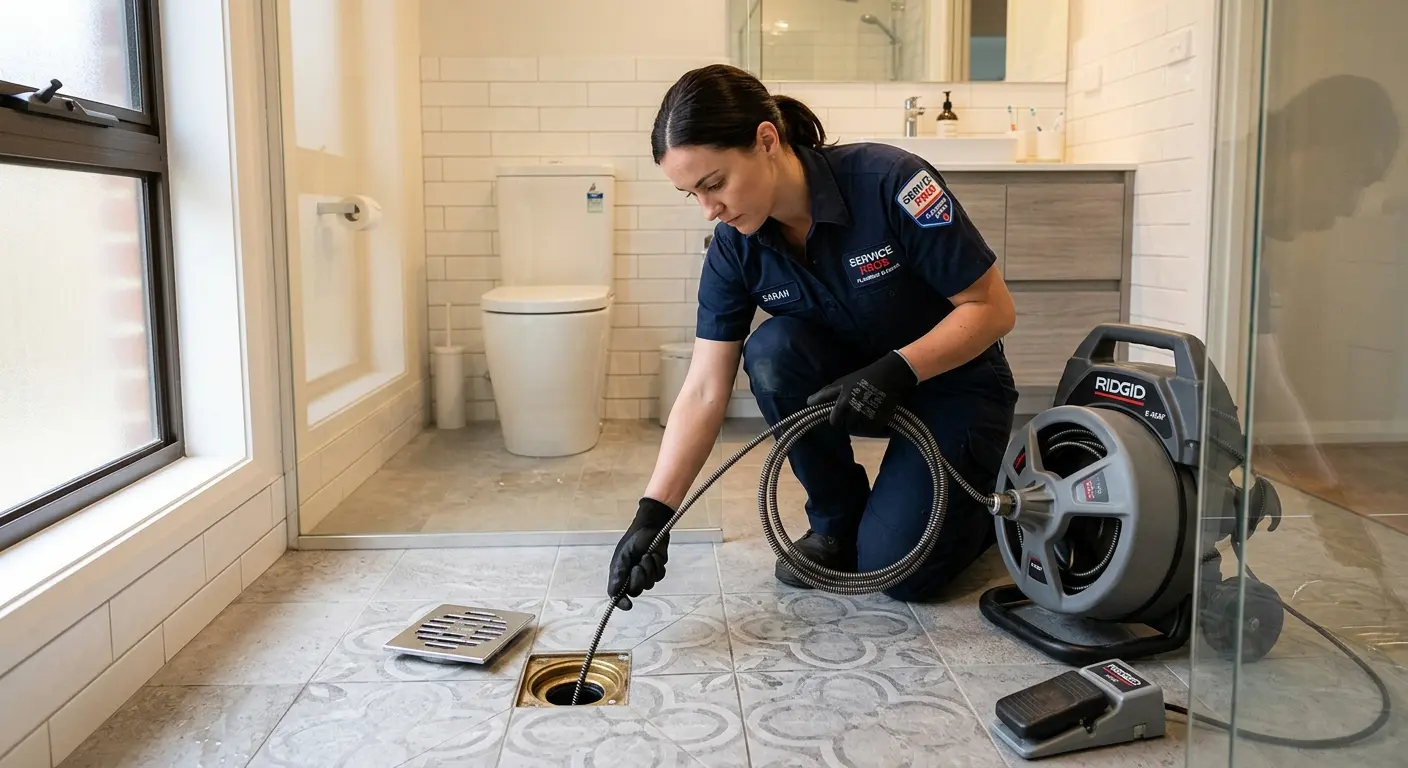 Technician clearing a bathroom floor drain for Drain Cleaning in Poquoson